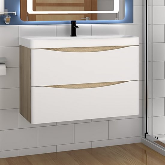 Badmöbel Set 80 cm Waschbecken mit Unterschrank Hängeschrank Eiche Natur mit Weiß - zum Schließen ins Bild klicken