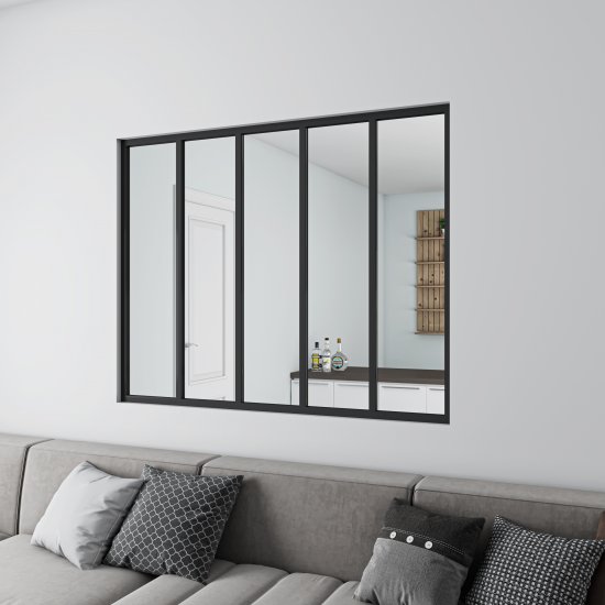 Schwarzes Innenfenster feststehend gehärtetes Klarglas 153 x H.108 cm - zum Schließen ins Bild klicken