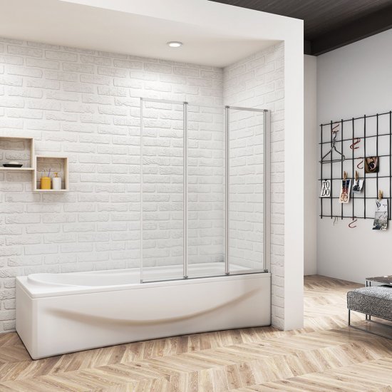 120xH.140cm Badewannenfaltwand 3-teilig Duschwand Duschabtrennung Badewannenaufsatz mattgrau - zum Schließen ins Bild klicken