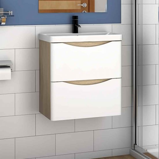 Badmöbel Set 50 cm Waschbecken mit Unterschrank Hängeschrank Eiche Natur mit Weiß - zum Schließen ins Bild klicken