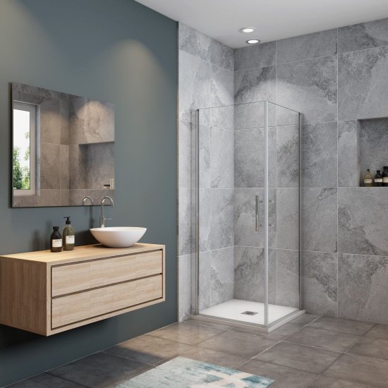 90x90x195cm Duschabtrennung Duschkabine Eckeinstieg 180° Schwingtür Drehtür + Duschtasse mit Ablaufgarnitur - zum Schließen ins Bild klicken