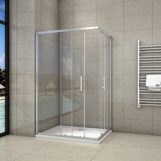 Duschkabine Duschabtrennung Schiebetür ESG Glas Dusche Eckeinstieg 90x80x185cm + Duschtasse - zum Schließen ins Bild klicken