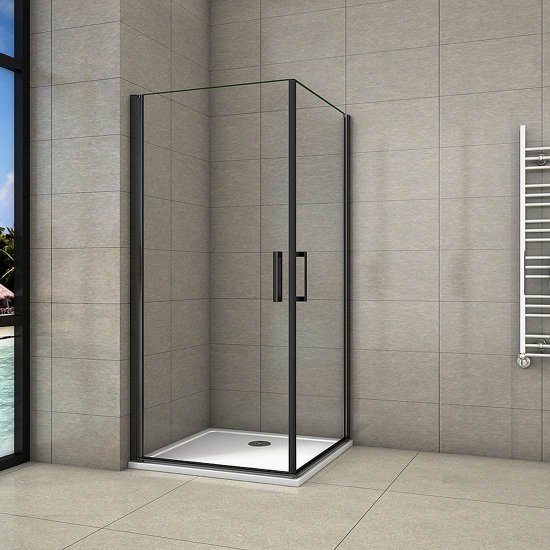 200cm Duschkabine Duschabtrennung 8mm NANO Glas Eckeinstieg Schwingtür Drehtür Dusche Schwarz - zum Schließen ins Bild klicken