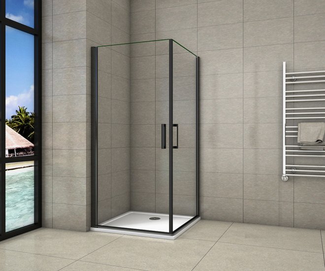 200cm Duschkabine Duschabtrennung 8mm NANO Glas Eckeinstieg Schwingtür Drehtür Dusche Schwarz - zum Schließen ins Bild klicken