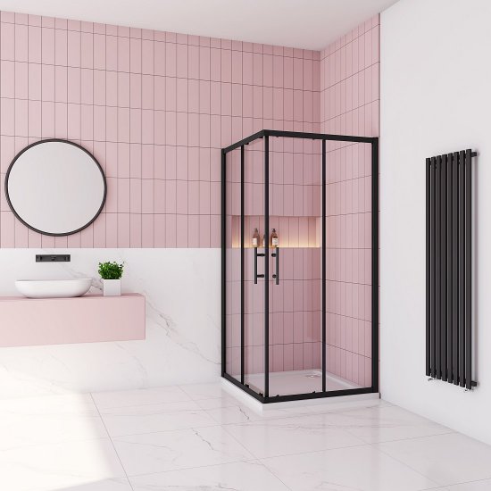B.80x80cm x H.195cm Eckig Duschkabinen Schiebetür schwarze Duschabtrennung Sicherheitsglas Dusche Eckeinstieg - zum Schließen ins Bild klicken