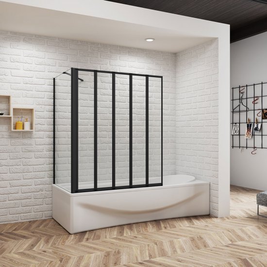 120xH.140 cm Badewannenaufsatz 5-tlg.Faltwand Duschwand drehbar Glas Duschabtrennung mit Seitewand Schwarz - zum Schließen ins Bild klicken