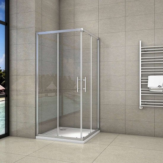 Duschkabine Duschabtrennung Schiebetür ESG Glas Dusche Eckeinstieg 80x80x195cm + Duschtasse - zum Schließen ins Bild klicken