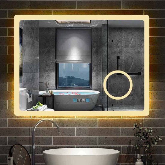 80x60 cm LED Badspiegel mit Uhr, 3 Lichtfarbe dimmbar 3x Schminkspiegel Touch Beschlagfrei [Typ J] - zum Schließen ins Bild klicken