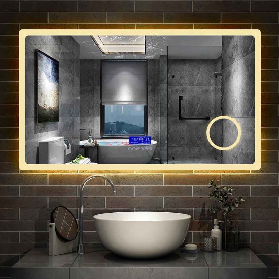 80×60cm LED Badspiegel mit Bluetooth,3x Schminkspiegel,Kalt/Warmweiß, Touch Beschlagfrei[Typ J] - zum Schließen ins Bild klicken