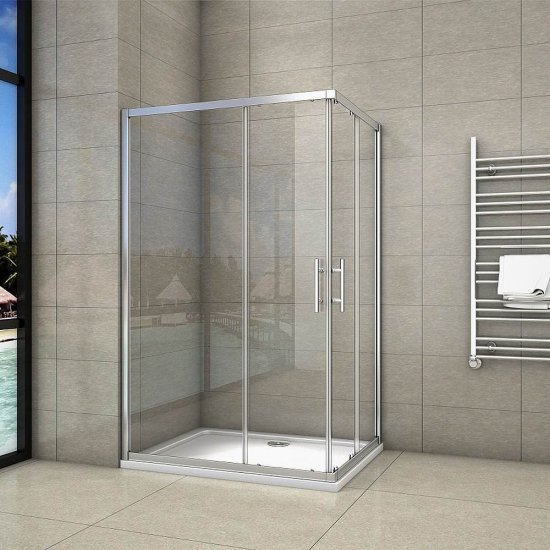 Duschkabine Duschabtrennung Schiebetür ESG Glas Dusche Eckeinstieg 100x90x195cm + Duschtasse - zum Schließen ins Bild klicken