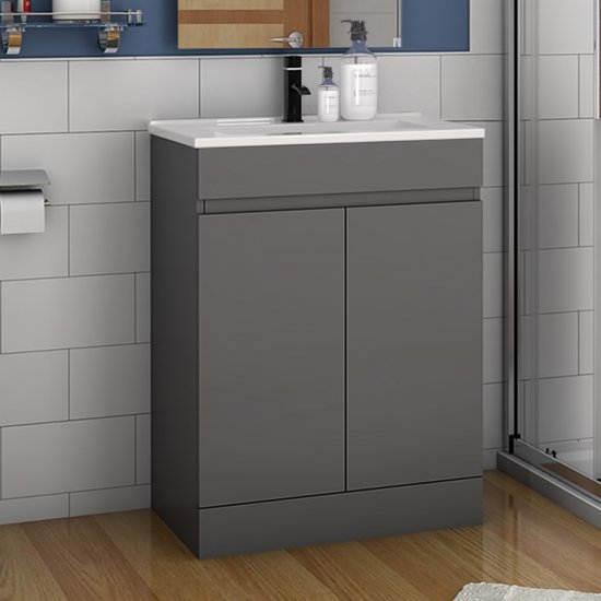 Badmöbel Set 60 cm Waschbecken mit Unterschrank Standschrank Anthrazit - zum Schließen ins Bild klicken