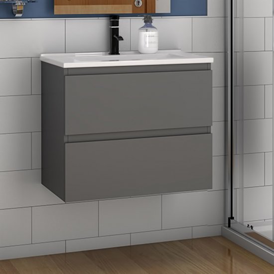 Badmöbel Set 60 cm Waschbecken mit Unterschrank Hängeschrank Anthrazit - zum Schließen ins Bild klicken